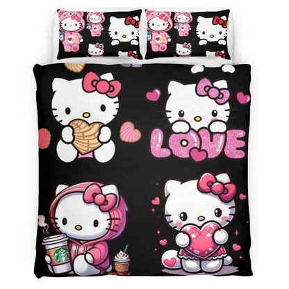Hello Kitty Black Background and Pink Kitty Duvet Cover