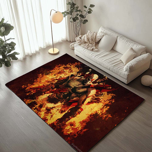 Kratos from God Of War fighting fire Rug