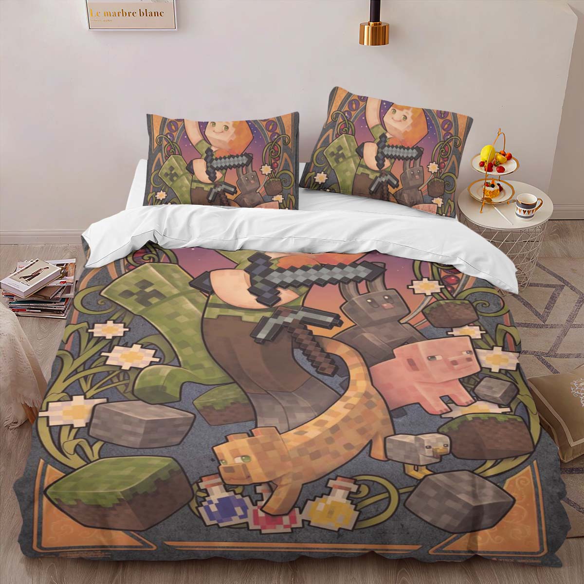 Minecraft Alex and The Characters in game as Pig Cat Duvet Cover 2
