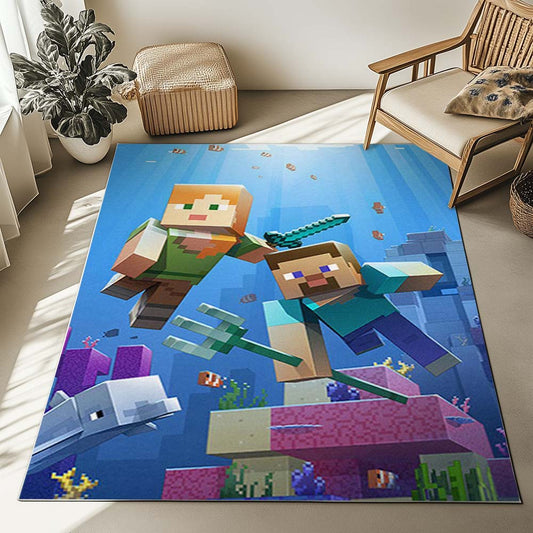 Minecraft Steve And Alex Under Ocean Biome Fight Guardian Rug