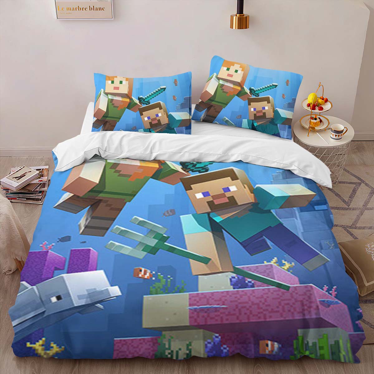 Minecraft Steve And Alex Under Ocean Biome Fight Guardian Duvet Cover 2