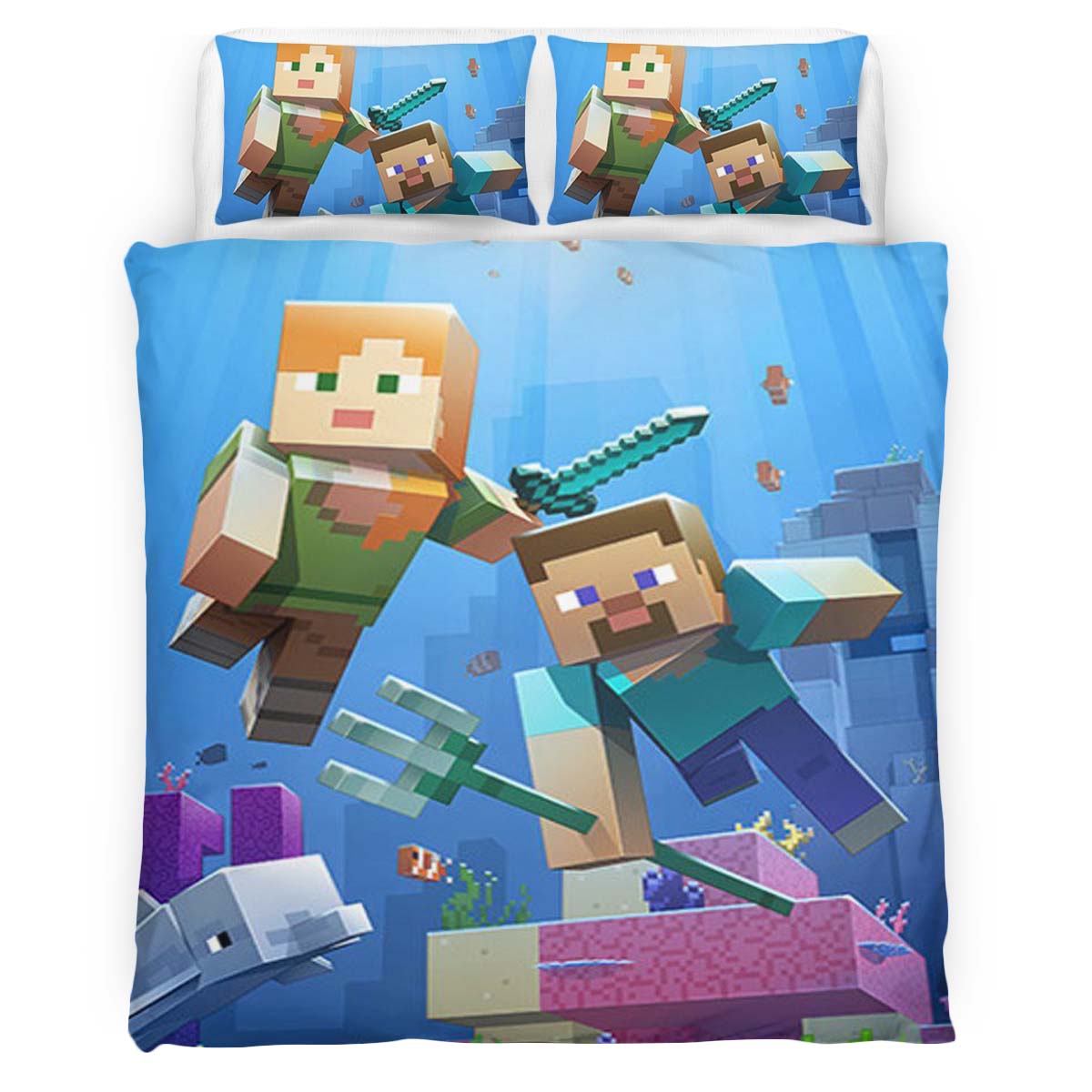 Minecraft Steve And Alex Under Ocean Biome Fight Guardian Duvet Cover