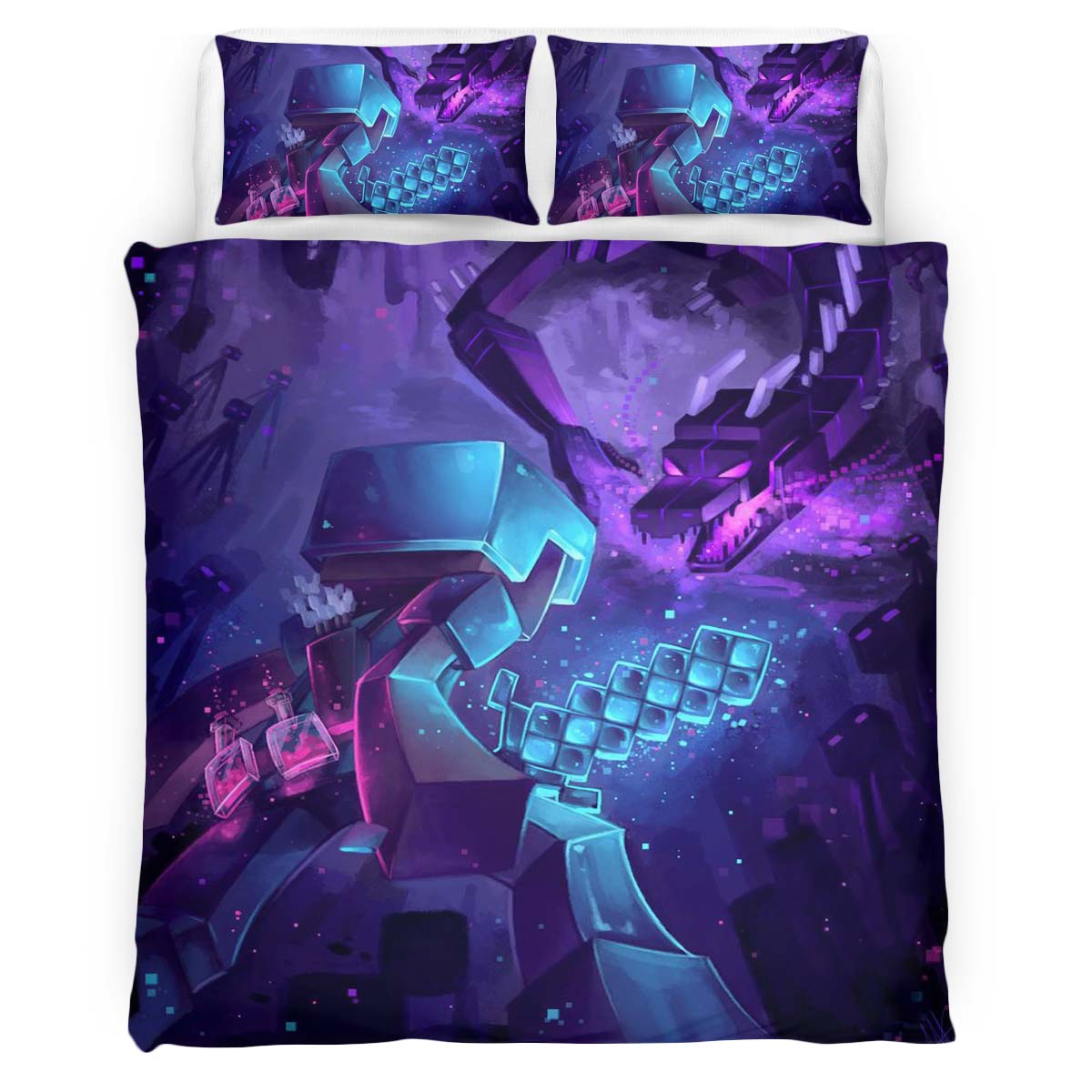 Minecraft Steve Fight Enderman Ender Dragon Duvet Cover