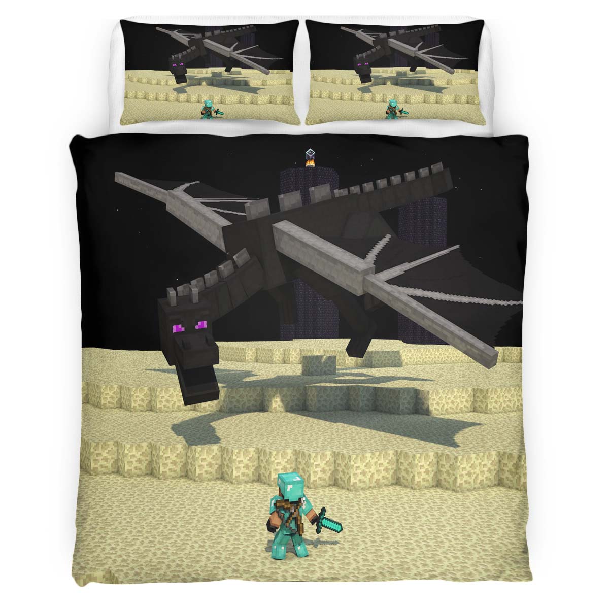 Minecraft Steve and Ender Dragon in The End Duvet Cover