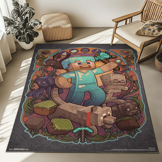 Minecraft Steve and the characters around the game Rug
