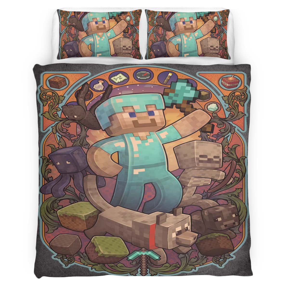 Minecraft Steve and the characters around the game Duvet Cover
