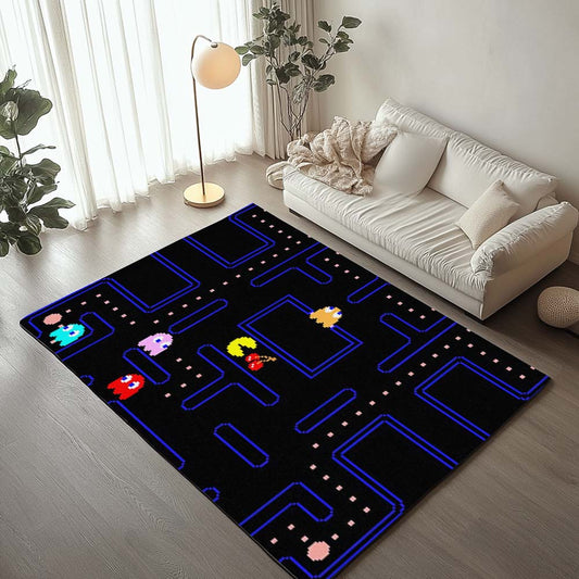 Pacman Dungeon Game with Ghost and Fruit Rug